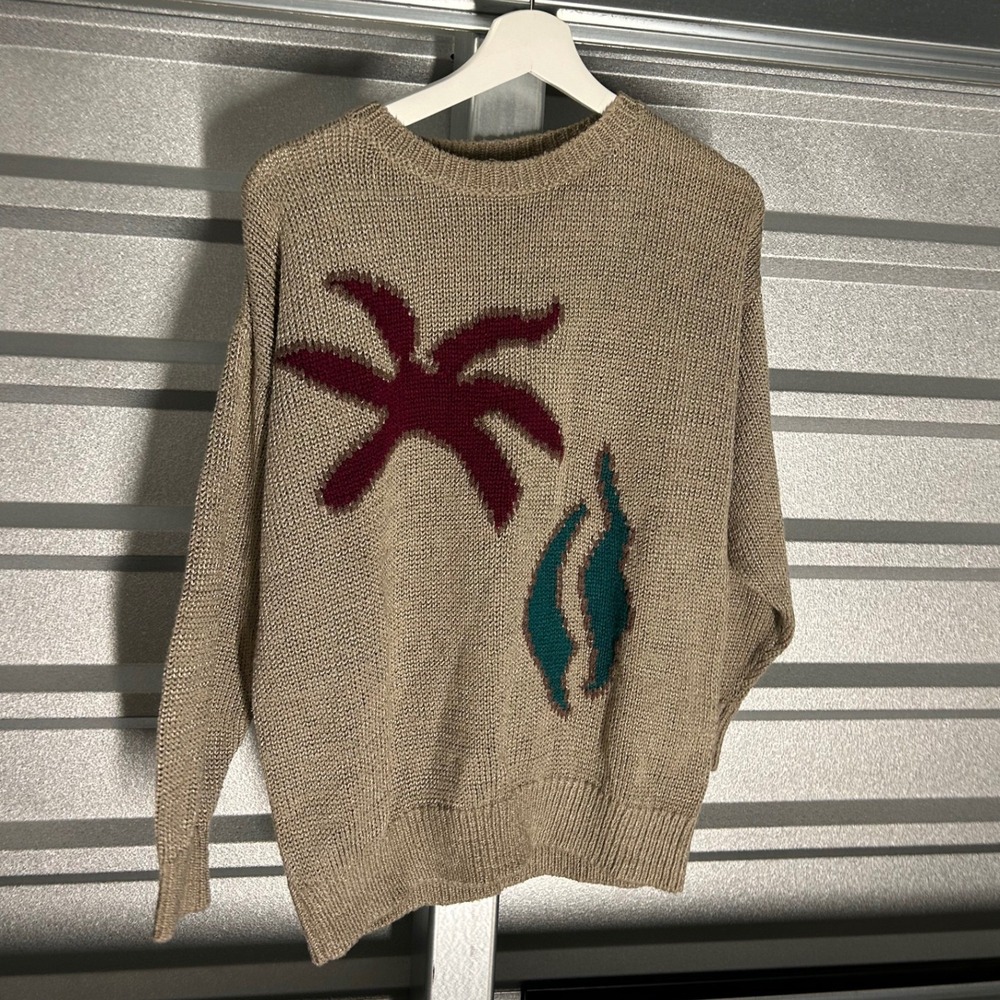 VINTAGE Albert Paul Sweater Mens Tan Abstract Knit Retro Indie Grandmacore